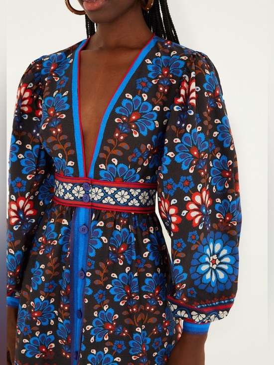 FARM Rio Dresses & Skirts - Farm Rio Black Latina Scarf Puff Sleeve Mini Dress NWT $248 Size Large Cotton